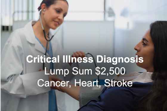 Critical Illness Diagnosis Lump Sum $2,500 Cancer, Heart, Stroke